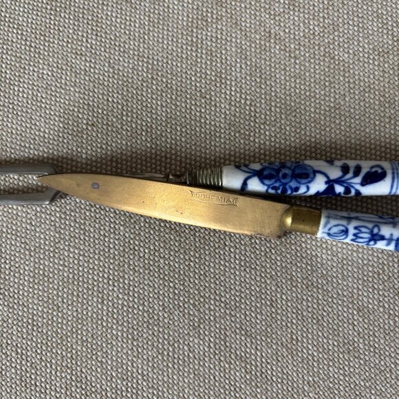 Vintage Bronze Bohemian Fruit Knife plus German Serving Fork Porcelain Handles - Picture 9 of 10